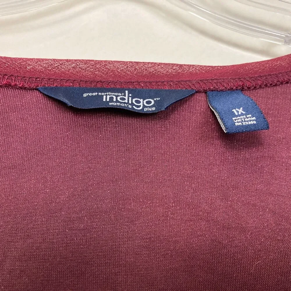 Great Northwest Indigo Women's Shirt Size 1X Burgundy Stretch Crushed Velvet